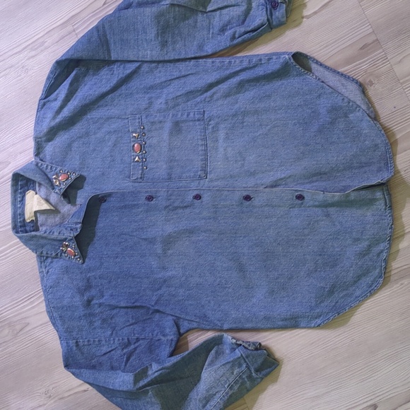 Randy With Love S Pink Embellished Denim Shirt Vintage Made In USA Western Wear - Picture 9 of 16